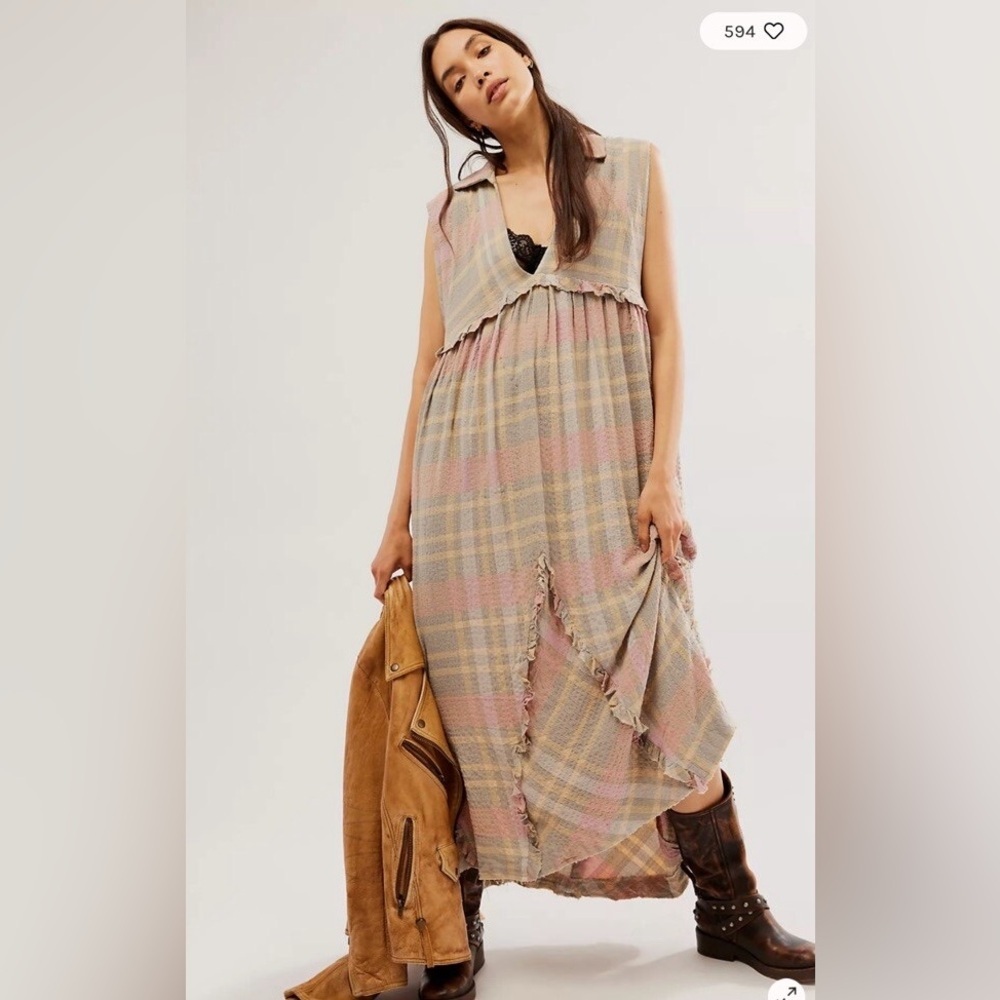 Free People Kirby Plaid Ruffles Dress, EUC, size oversized XS